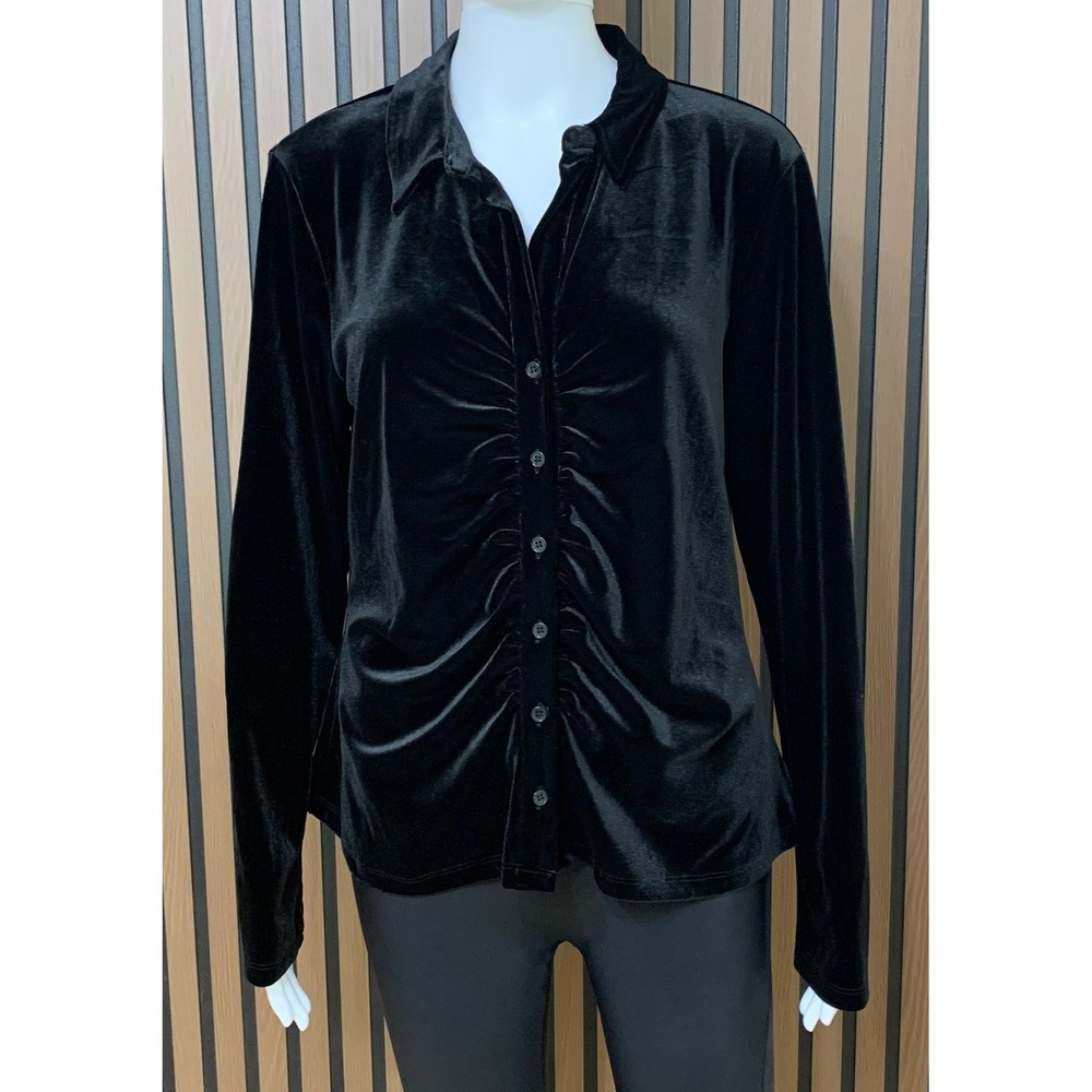 Sanctuary Black Velvet Ruched Front Button Down Long Sleeve Shirt XL NEW